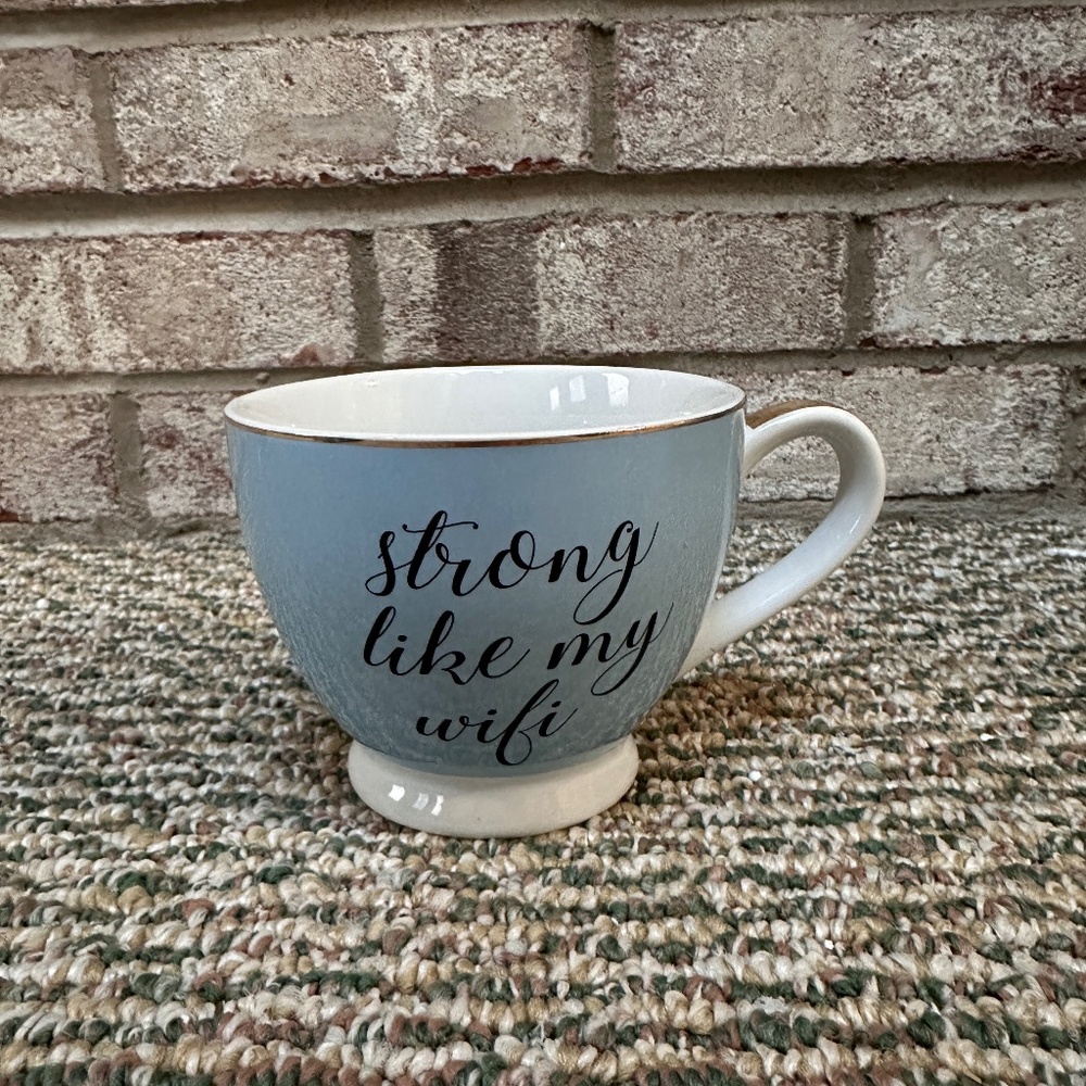 NEW 8 Oak Lane "Strong Like My Wifi" Ceramic Tea Cups Blue Set of 4